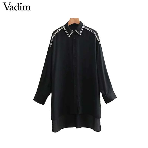 

vadim oversized chiffon long blouse beading pearls decorate long sleeve irregular shirts side split casual loose la610, White