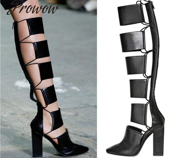 

prowow new summer black pointed toe knee highs cutout zip back thick heel high heel pumps shoes women