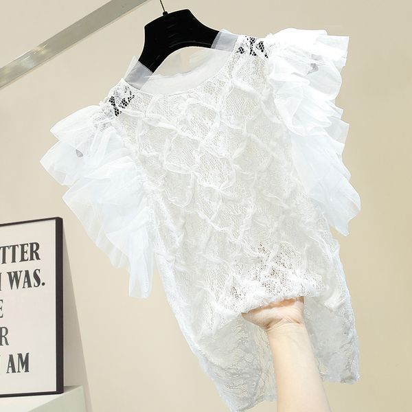 

lace blouse women sweet hollow out lace joint gauze perspective shirt women's slim fit stand collar blusas femme, White