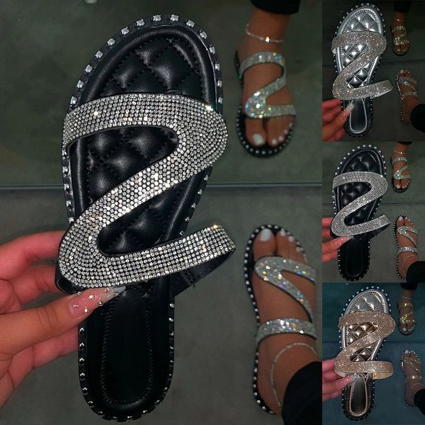 

womens flat sandals rhinestone jeweled beach sandal slippers outdoor leisure travel beach slippers 2020 summer new, Black