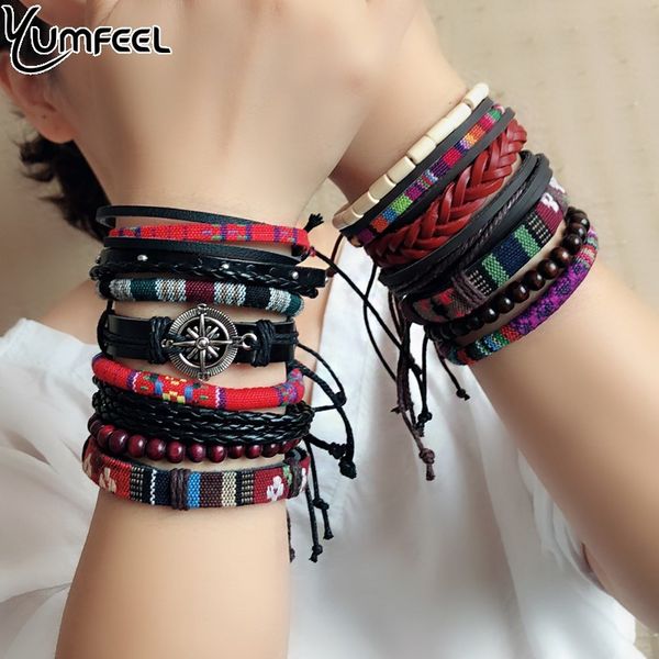 

yumfeel brand leather bracelets handmade jewelry bohemian style beaded multi strand bracelet set ribbon bracelet women gifts, Black