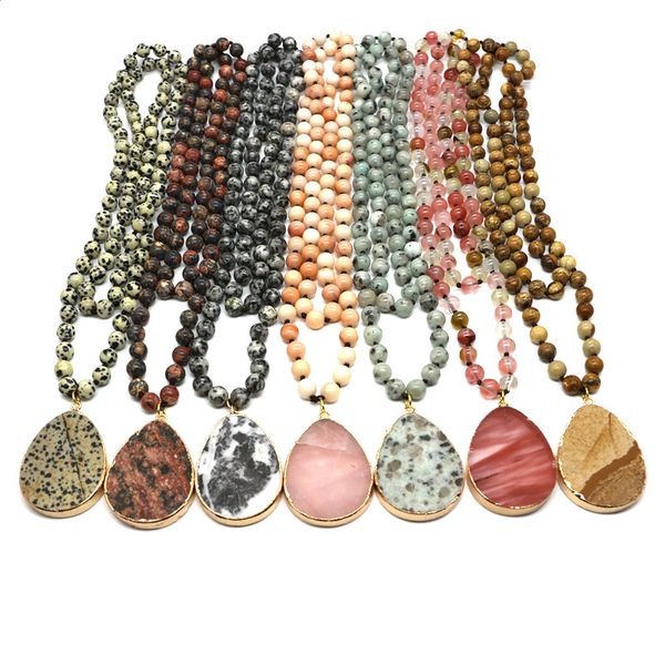 

borosa 1pcs fashion natural gems stone knotted pendant necklace bohemia picture jaspers beaded necklace for women, Silver