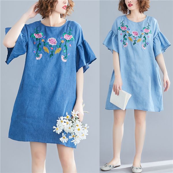 

summer runway designer denim dress 2019 women summer korean elegant flower embroidery ruffles mini dress bohemian vestidos, Black;gray