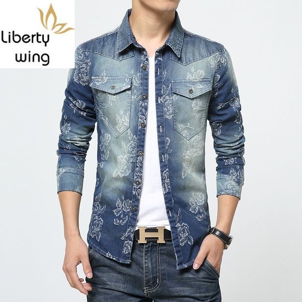

korean style men's printing shirt turn collar denim long-sleeves casual mens slim dress shirts hawaiian camisa plus size, White;black