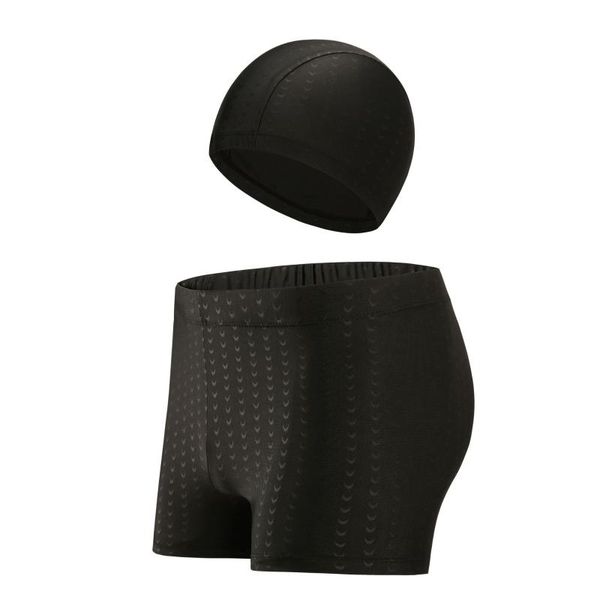 

men's swimwear men sharkskin swimming trunks quick-drying swim boxer shorts black solid beach swimsuit with cap