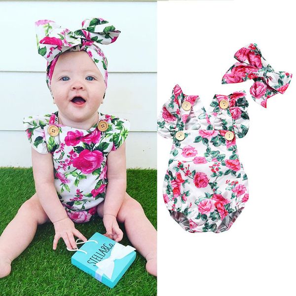 

pizzseoon baby clothing spring summer baby girls floral romper jumpsuit with headband outfit girl summer clothes for 1-3 y, Blue