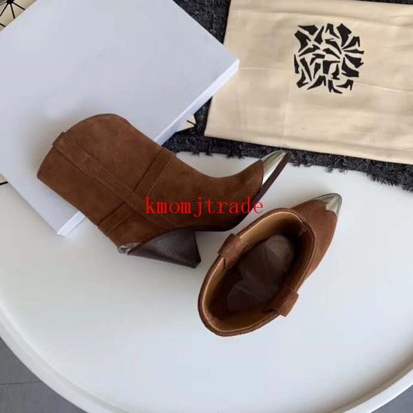 

original box woman shoes isabel lamsy boots genuine leather marant western-inspired staple calf leather metal toe ankle boots, Black