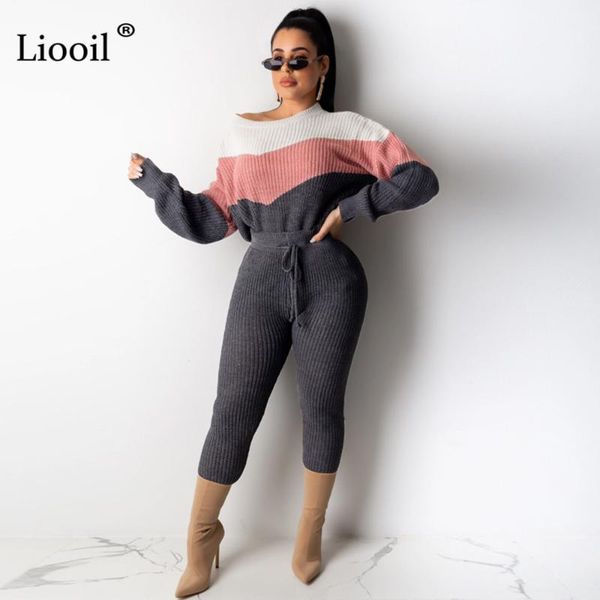 

liooil color block knit two piece set and pants long sleeve o neck party night club outfits women clothes fall sweater set, White