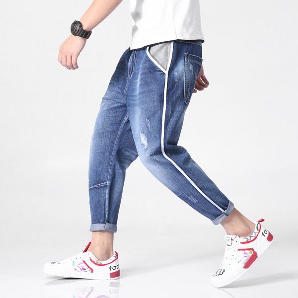 

2019 summer autumn hole jeans men loose fit embroidery harem pants fashion trend men's patchwork ankle length denim pants, Blue