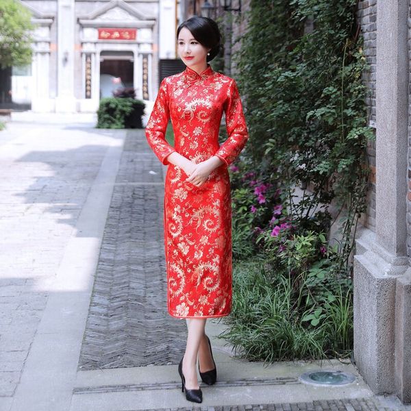

elegant women print flower wedding dress oriental bride satin mandarin collar evening qipao plus size 2xl long sleeve cheongsam, Red