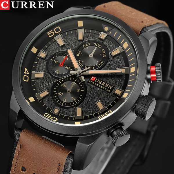 

curren brand 2019 new fashion casual waterproof quartz watch men leather sports watches man clock relogio masculino, Slivery;brown
