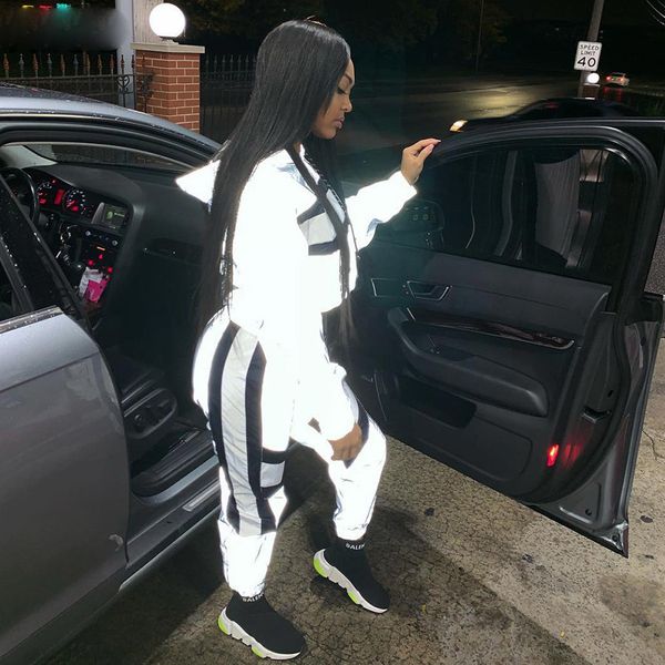 

новое прибытие женщин светоотражающие две пьесы комплекты silver pactwork ctop top толстовки упругие drawstring крючок штаны костюмы, White