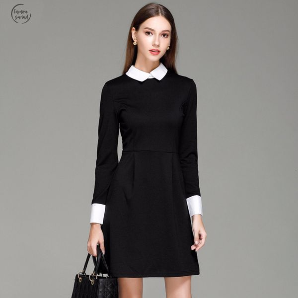 

fashion autumn dresses winter womens elegant casual a line dress slim peter pan collar long sleeve black women for, Black;gray