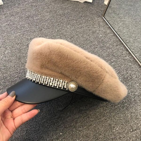 

01910-fu19 winter warm faux fur drill chain pearl button lady equestrian cap women visors hat, Blue;gray