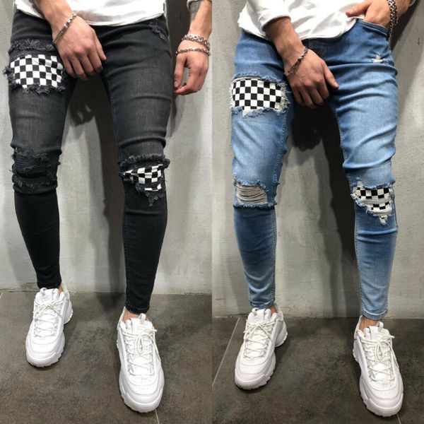 Mens Ripped Skinny Jeans Slim fit Stretch Denim Distress Frayed Biker Jeans Blue
