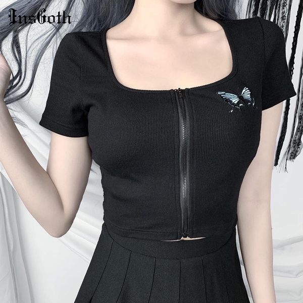 

insgoth черный bodycon с коротким рукавом летние футболки уличная готическая молния футболка женщины повседневная квадратная шея старинные т, White
