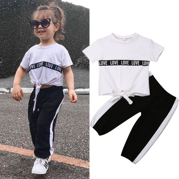 

summer 2pcs girls clothes casual baby kids girls outfits short sleeve letter pattern t-shirt+pants toddler children tracksuit