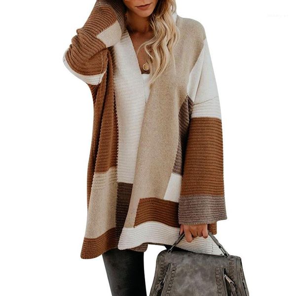 

contrast color female clothing fashion style casual apparel womens pachwork geometric cardigan sweaters v neck long sleeve, White;black