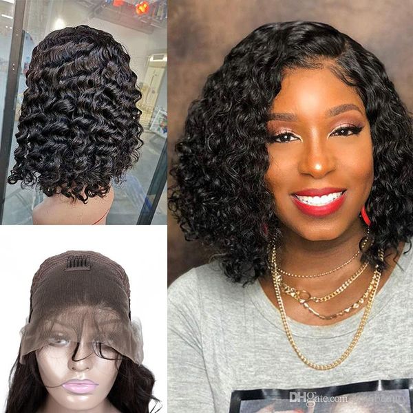 Virgin Raw cabelo indiano Mink Bob peruca dianteira do laço da onda profunda Kinky Curly curto Bob peruca dianteira do laço do cabelo humano