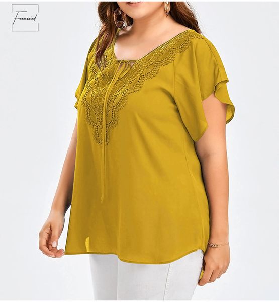 

size blouses plus lace patchwork shirt womens and short sleeve big size blusas mujer de flutter sleeve blusas moda, White