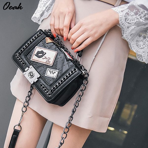

women pu leather handbag messenger bag embroidery rivets lock embroidery chain bag tide national wind small square