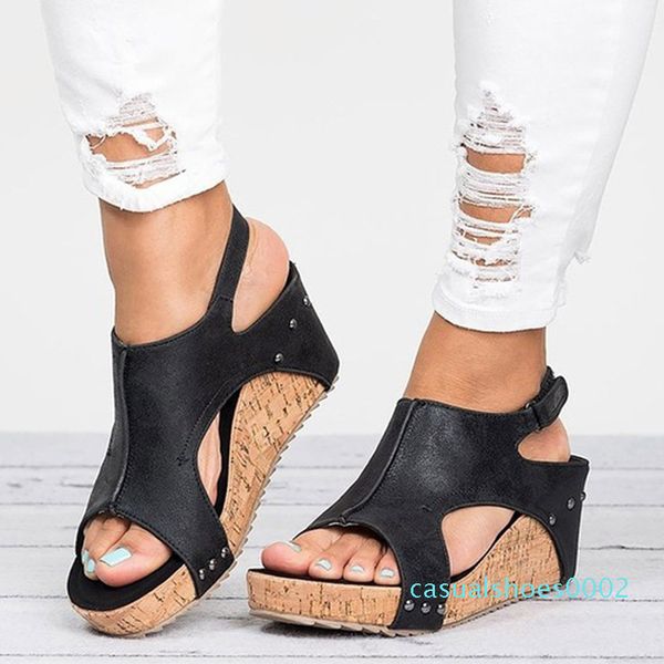 

xnhnwomen sandals 2020 platform sandals wedges shoes for women heels sandalias mujer summer shoes leather wedge heels 43 c02, Black
