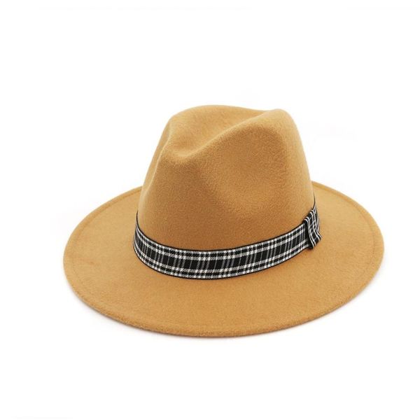 

2020 2020 women men wool fedora hat with striped satin wide brim hat panama jazz, Blue;gray