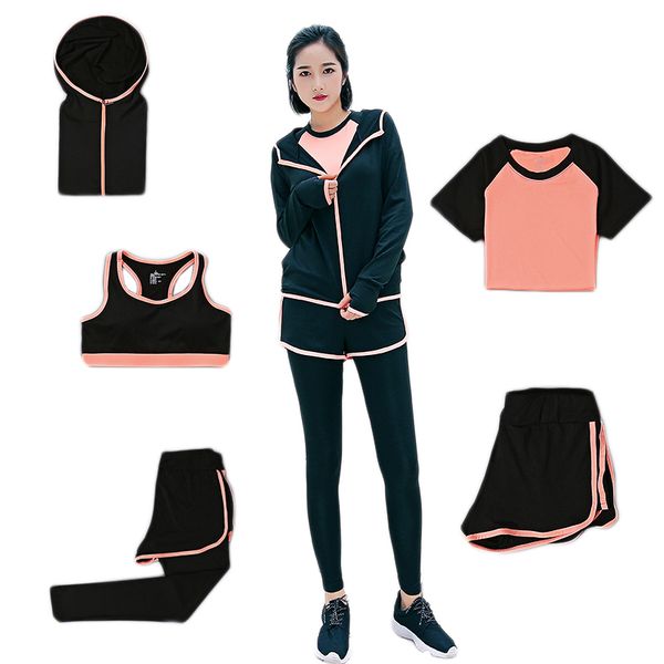 

women 2019 autumn slim thin yoga set gym running 5-piece set fitness running jogging suit girls sport suit yoga, Black;blue
