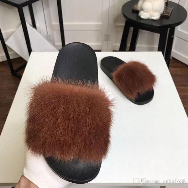 

2019ss girls fashion mink fur slide sandals womens black leather causal slippers indoor flip flops size euro 35-42
