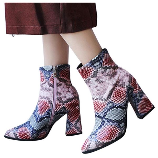 

shoes women ankle boots pointed toe thick high-heeled boots snake print ankle shoes large size booties zapatos de mujer, Black