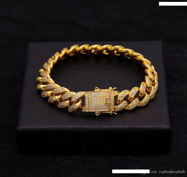 

мужчины женщины jewlery new hip hop роскошные кристалл cz циркон тройной замок браслет 14мм 7inch 8inch кубинский link box застежка браслета, Golden;silver
