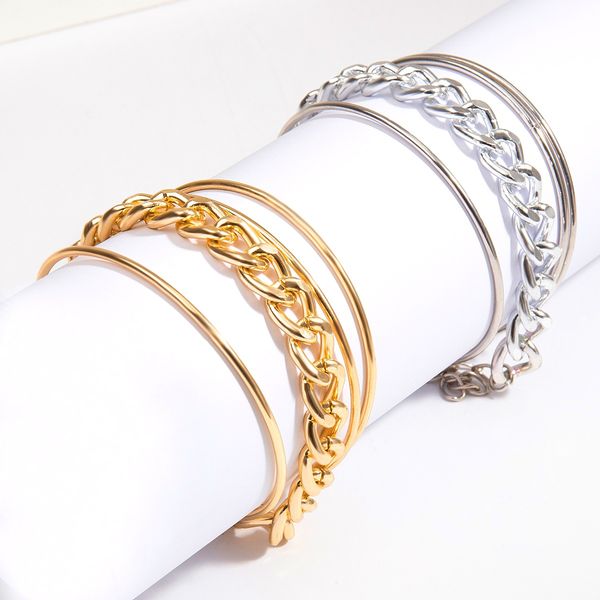 

4pcs/set gold link chain female bracelet round gold single circle banglebangles/bracelet set for women jewelry girls wholesale, Golden;silver