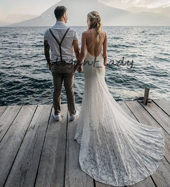 

sexy backless чешские свадебные платья 2019 полный шнурок собор поезд спагетти труба русалка boho пляж люкс свадебные платья, White