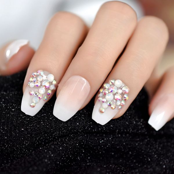 

3D Bling Glitter Pink Nude French Ballerina Coffin False Fake Nails Gradeint Natrual Press on Daily Office Finger Wear UV Nails