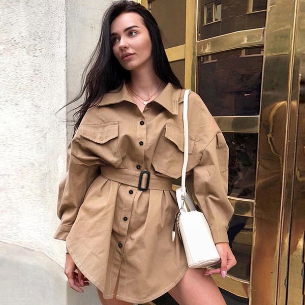 

women casual long sleeve windbreaker jacket belt overalls blouse coat, Tan;black