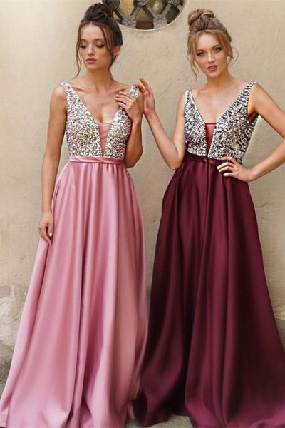 

elegant beads satin prom gown v neck women long evening party dress robe de soiree, Black;red