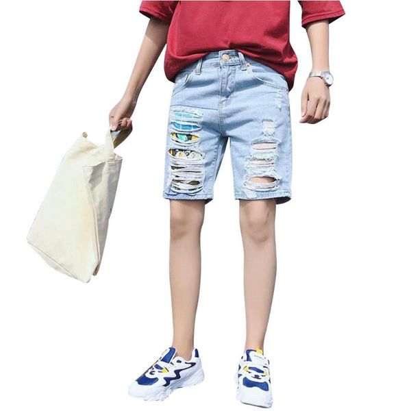 

men's jeans missky summer men denim shorts fifth pants light blue shredded loose casual trousers for male