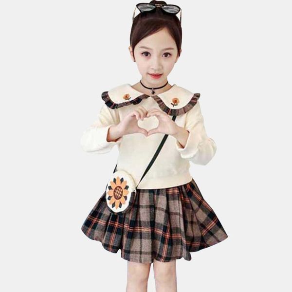 

girls clothes sweatshirt & plaid skirt 2 pcs kids clothes peter pan collar suit for girls spring autumn novelty teenage, White