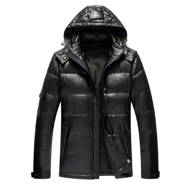 

genuine leather down jacket mens black winter sheepskin jacket warm down parkas snow coat short hooded slim s-xxxl classic dhl