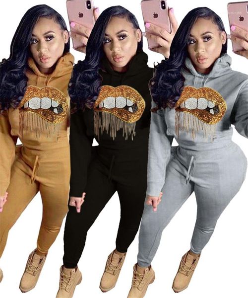 

rhinestone lips womens designer tracksuits casual sports 2 piece pants slim long sleeved hooded pullover fashion women tracksuits, Gray