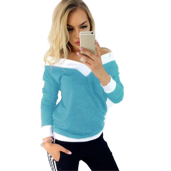 

women's clothing fashion female loose long-sleeved v-neck off-the-shoulder contrast t-shirt, White