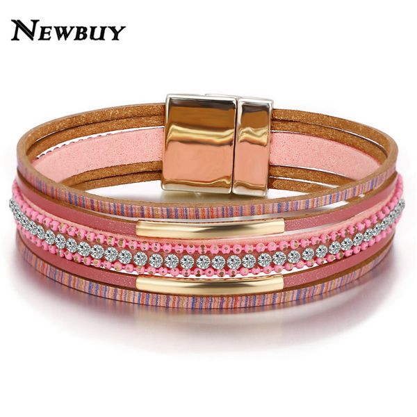 

newbuy 2019 trendy multilayer pink leather charm bracelet gold color buckle cz stone wrap bracelet for women wholesale, Golden;silver