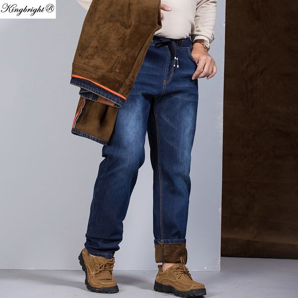 

king bright brand mens winter fleece flannel stretch denim straight blue slim fit jeans men designer trousers pants 28-38-48