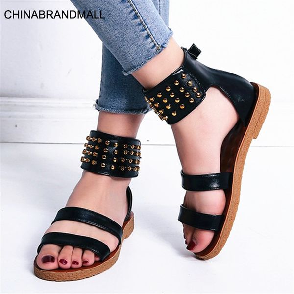 

2020 new fashion flat sandals back pack zipper beach women's shoes fashion rivets sandalia feminina, Black