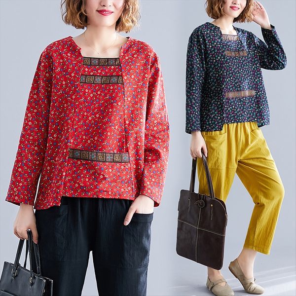 

autumn 2019 t- national style cloth embroidered t-shirt ethnic cotton and linen flower loose cotton and linen shirt long sleeve top, White