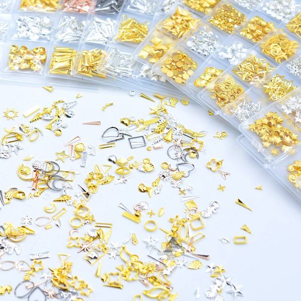 

qiaoqiao 3d nail art decorations 6 grids metal star moon geometric alloy decals glitter nail art decoration, Silver;gold