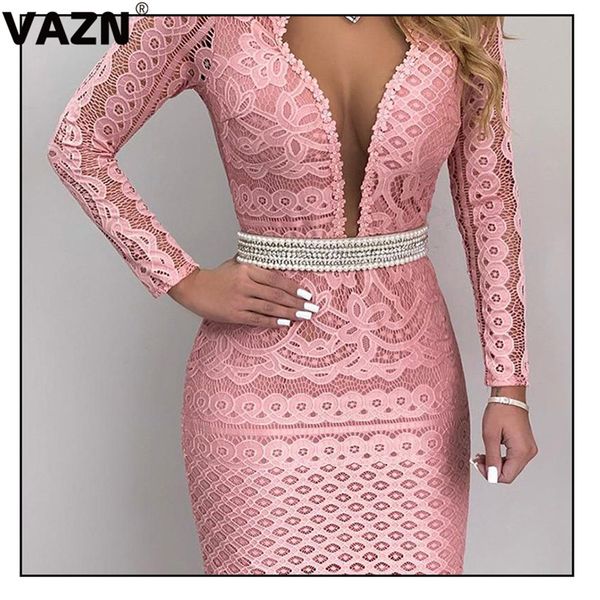 

vazn new arrival young lady of note mature club fashion solid high waist deep v-neck full sleeve women thin midi dress, Black;gray