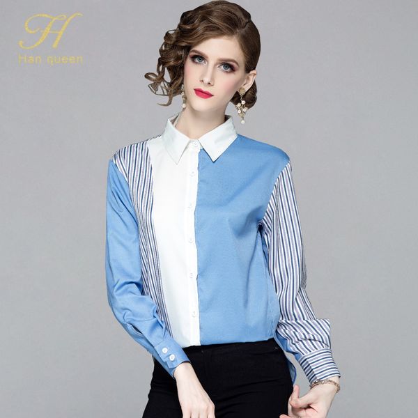 

h han queen plus size summer blusa women stripe vintage print blouses elegant long sleeve shirt work casual chiffon blouse, White