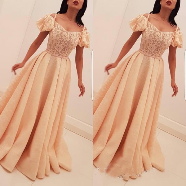 

new arrival bubble-sleeves long evening dresses lace appliques a line prom dress spaghetti straps formal party dresses robes de soiree, Black;red