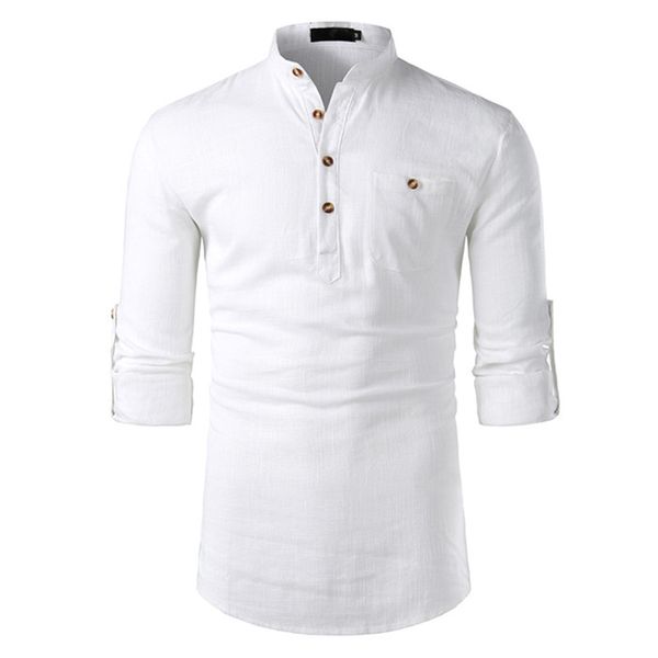 

Cotton-Linen Long Sleeve Mens Shirts Lapel Neck Solid Mens Tops With Pockets Fashion Male Clothing